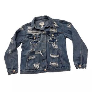 FOREVER 21 LA Jean Jacket Womens S Distressed Biker Trucker Punk Street Small